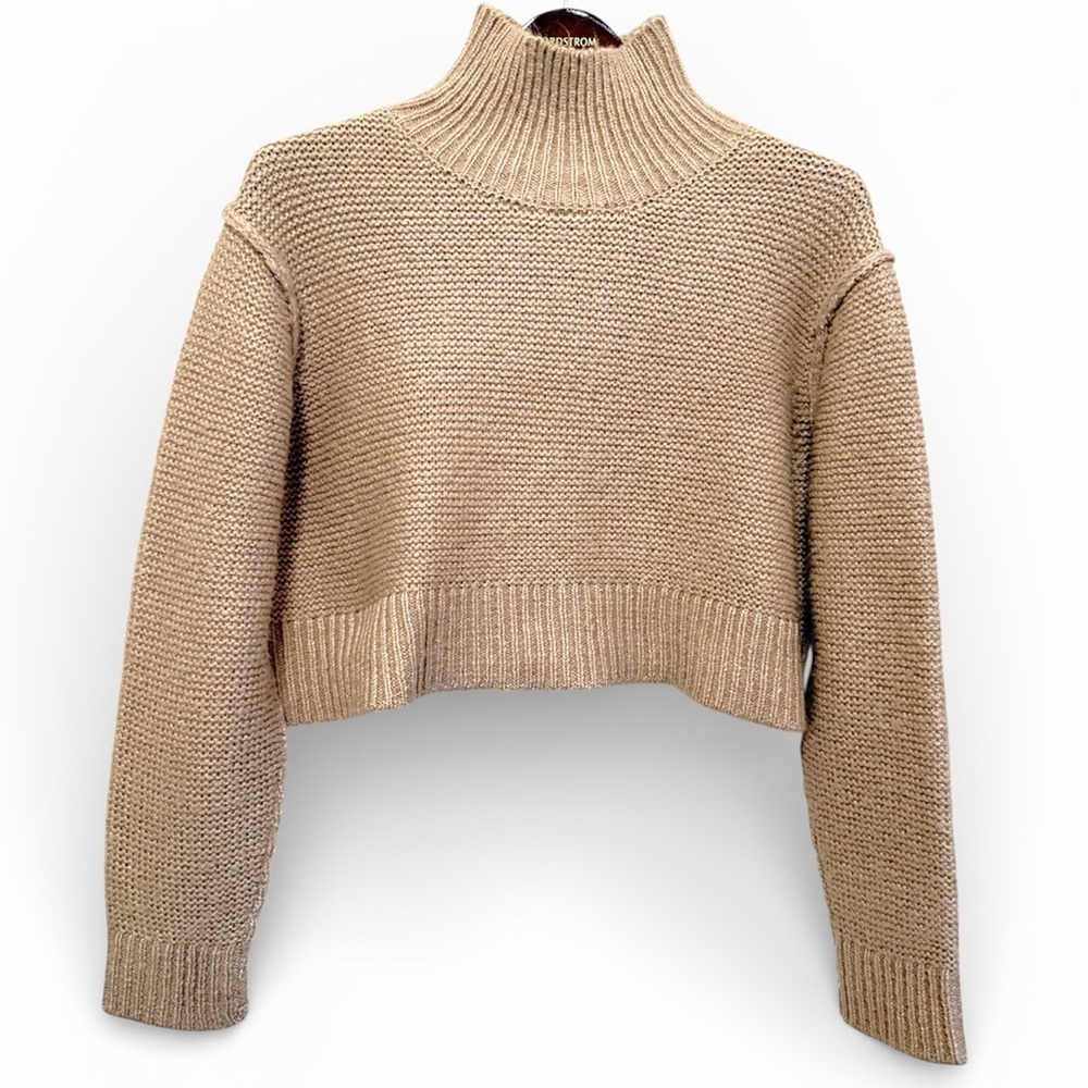 Elodie chunky cropped turtleneck pullover sweater, tan, size M